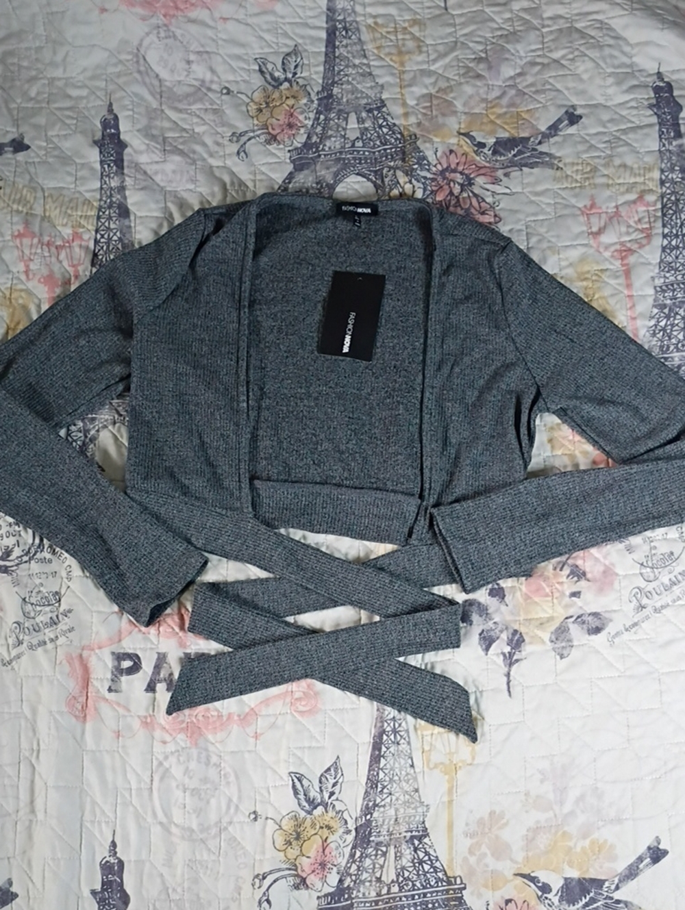 NWT Fashion Nova Grey Longsleeves Cardigan Cropped Top Size Large